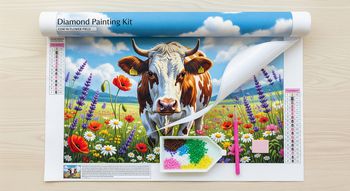 Kit de diamond painting représentant une vache dans un champ de fleurs.