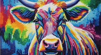 Peinture diamant d'une vache aux couleurs vives et artistiques.