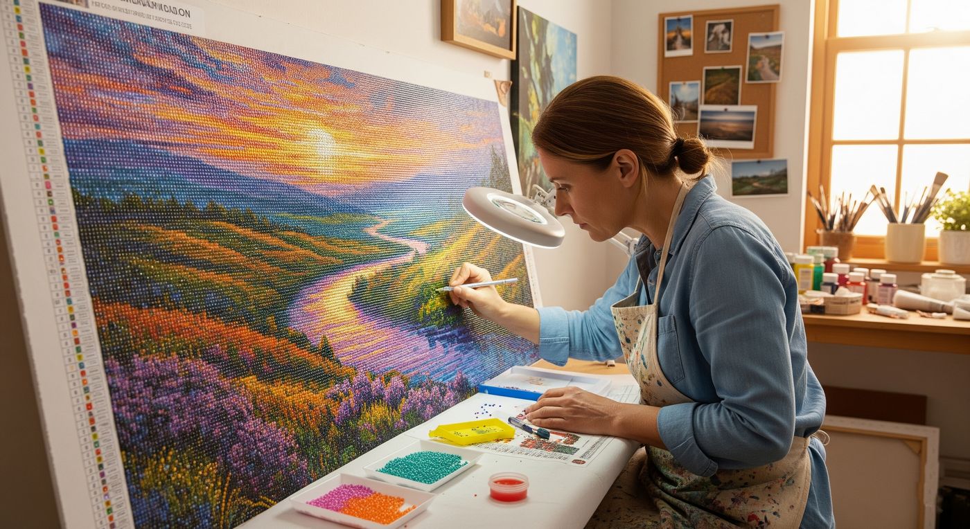 Ein erfahrener Künstler arbeitet an einem sehr detaillierten Diamond Painting