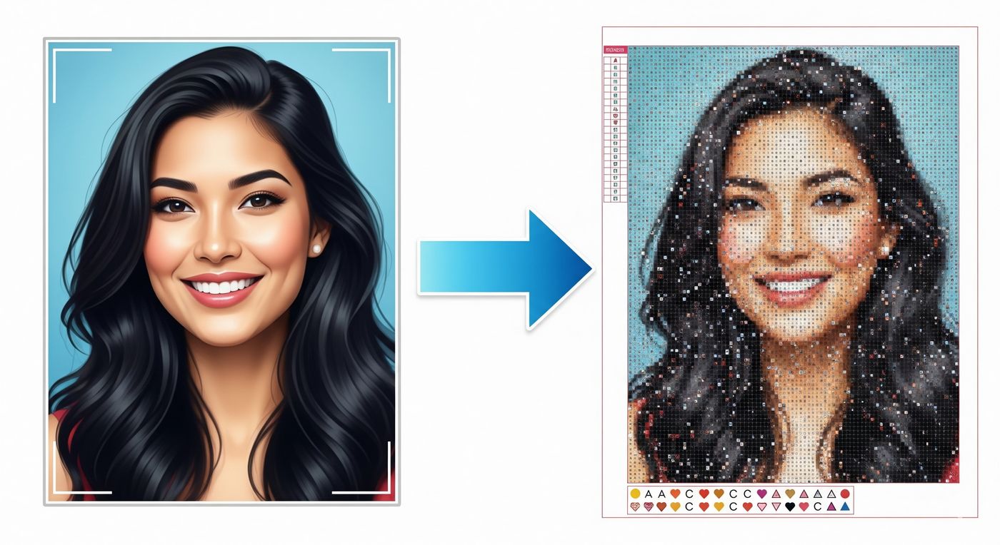 Grafik, die die Umwandlung eines Fotos in ein Diamond Painting Raster zeigt