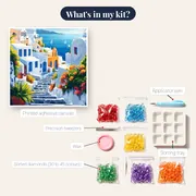 Santorin, Azure Domes Diamond Painting – kit contents