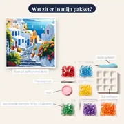 Santorini, Azuurblauwe Koepels Diamond Painting – inhoud van het pakket