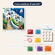 Santorini, Scogliere Bianche Diamond Painting – contenuto del kit