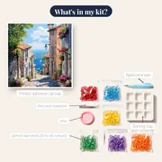 Coastal Village, Path to the Sea Diamond Painting – kit contents