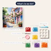 Pink House, Azure Shutters Diamond Painting – kit contents
