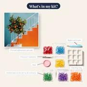 Potted Orange Tree on Blue Terrace Diamond Painting – kit contents