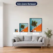 Oranjeboom in pot op blauw terras Diamond Painting – beschikbare formaten