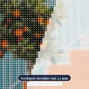 Oranjeboom in pot op blauw terras Diamond Painting – close-up van de steentjes