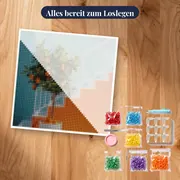 Orangenbaum im Topf auf blauer Terrasse Diamantmalerei – Set bereit zum Loslegen