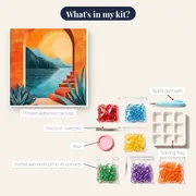 Mediterranean Arch Over the Sea at Sunset Diamond Painting – kit contents