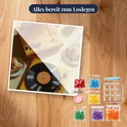 Frühstück mit gelbem Plattenspieler und Croissants Diamond Painting – Set bereit zum Loslegen