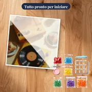 Colazione con giradischi giallo e croissant Diamond Painting – kit pronto per iniziare