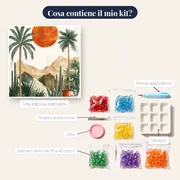 Oasi di palme in vaso e montagne desertiche Diamond Painting – contenuto del kit