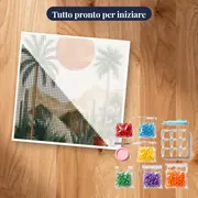 Oasi di palme in vaso e montagne desertiche Diamond Painting – kit pronto per iniziare