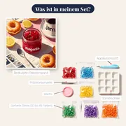 Hausgemachte Erdbeermarmelade, Donuts und Kaffee Diamantmalerei – Inhalt des Sets