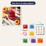 Diamantschilderij Zelfgemaakte Aardbeienjam, Donuts en Koffie – inhoud van het pakket