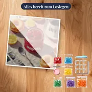 Hausgemachte Erdbeermarmelade, Donuts und Kaffee Diamantmalerei – Set bereit zum Loslegen