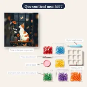 Chat blanc et roux observant la nuit à la fenêtre – contenu du kit