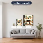 Chat noir endormi sur une étagère de livres et cactus – tailles disponibles