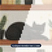 Zwarte slapende kat op boekenplank met cactussen diamond painting – close-up van de steentjes