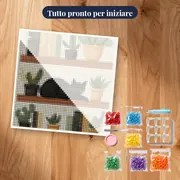 Gatto nero addormentato su mensola di libri e cactus Diamond Painting – kit pronto per iniziare