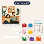 Couple Reading a Book with Their Black Cat on the Couch Diamond Painting – kit contents