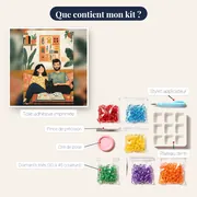 Couple lisant un livre avec son chat noir sur le canapé – contenu du kit