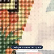 Retro platenspeler en oranje tulpen Diamond Painting – close-up van de steentjes
