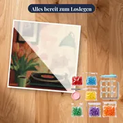 Retro-Plattenspieler und orangefarbene Tulpen Diamond Painting – Set bereit zum Loslegen