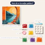 Oranje boog met zee- en bergzicht bij zonsondergang - Diamond Painting – inhoud van het pakket