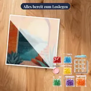 Oranger Felsbogen mit Meerblick und Bergen bei Sonnenuntergang – Diamond Painting – Set bereit zum Loslegen