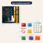 Chat blanc à la fenêtre devant le soleil couchant – contenu du kit