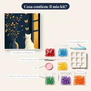 Gatto bianco alla finestra davanti al tramonto - Diamond Painting – contenuto del kit