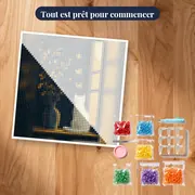 Chat blanc à la fenêtre devant le soleil couchant – kit prêt à commencer