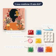 Donna di spalle con maglione arancione e fiori tra i capelli Diamond Painting – contenuto del kit