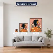 Vrouw van achteren met oranje trui en bloemen in het haar Diamond Painting – beschikbare formaten
