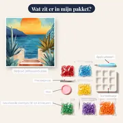 Marmeren trap voor de zee bij zonsondergang Diamond Painting – inhoud van het pakket