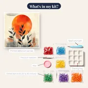 Abstract Orange Sun Over Delicate Leaves Diamond Painting – kit contents