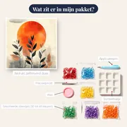 Fijne bladeren onder abstracte oranje zon - Diamond Painting – inhoud van het pakket