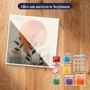 Fijne bladeren onder abstracte oranje zon - Diamond Painting – pakket klaar om te beginnen