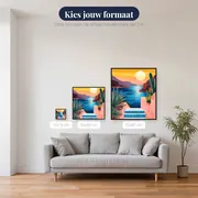 Blauw-witte trap bij zonsondergang Diamond Painting – beschikbare formaten