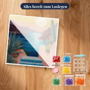 Blaue und weiße Treppe bei Sonnenuntergang Diamond Painting – Set bereit zum Loslegen