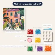 Roze huis met tropisch blad - Diamantschilderij – inhoud van het pakket