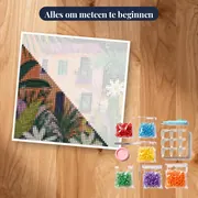 Roze huis met tropisch blad - Diamantschilderij – pakket klaar om te beginnen
