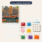 Bicicletta arancione lungo i canali di Amsterdam Diamond Painting – contenuto del kit