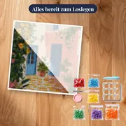 Blühender griechischer Innenhof Diamantmalerei – Set bereit zum Loslegen