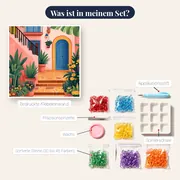 Blumengeschmückte Treppe und rosa Haus in Griechenland Diamantmalerei – Inhalt des Sets