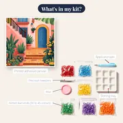 Flowered Staircase and Pink House of Greece Diamond Painting – kit contents