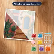 Blumengeschmückte Treppe und rosa Haus in Griechenland Diamantmalerei – Set bereit zum Loslegen