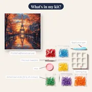 Eiffel Tower in Autumn Rain at Sunset Diamond Painting – kit contents